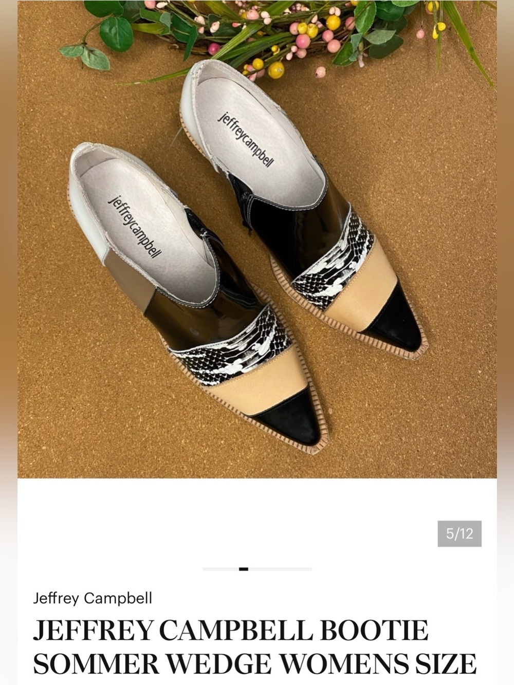 Jeffrey Campbell Black, Beige & White Snakeskin Pointed Slip-On Booties